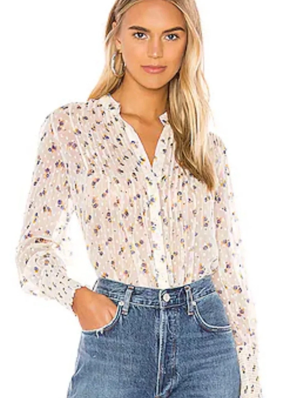 Free People Womens Blouse Beige Floral Button Up Pleated Long Sleeve Top Size SP